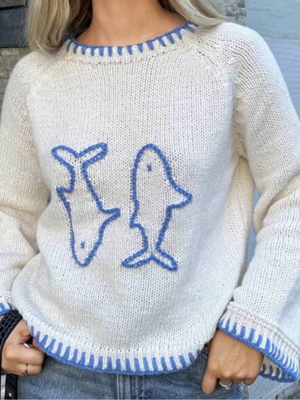 Cream Crewneck Sweater with Blue Fish Embroidery